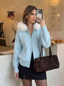 Chic Women Cardigan In A Soft Pastel Blue Shade Complete With A Fuzzy Hood, Full Front Zipper, And Regular Length Designed For Fall And Winter Clothes - Baby Blue - View 5