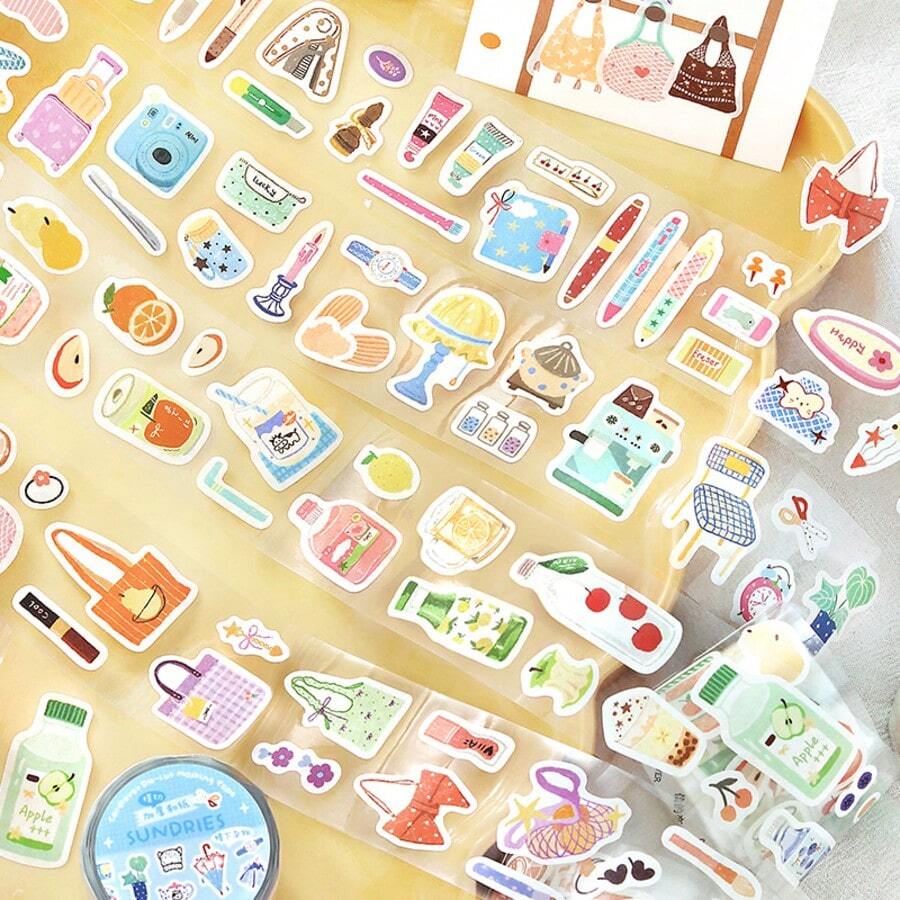 1 Roll Die-Cut Washi Tape, Many Small Items Collection Series Energetic Life Stickers, Warm Crayon Style Hand-Drawn Illustration Sticker Material, Full Roll Length 300cm/118.11in, Multiple Sizes And Specifications Stickers, Suitable For Planner, Scrapbook, Photo Album, Notebook Collage Decoration, Essential Student Stationery For Back To School Season