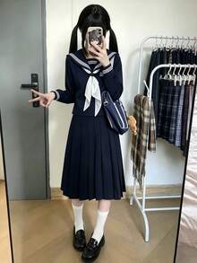 1 bộ trang phục hóa trang đồng phục JK phong cách học đường Nhật Bản dễ thương ngọt ngào, màu xanh navy, cổ thủy thủ, phù hợp cho biểu diễn tiệc lễ hội, dùng cho mọi dịp lễ, quà tặng Valentine, mặc hàng ngày và ngày lễ - Xanh đậm - Xem 1