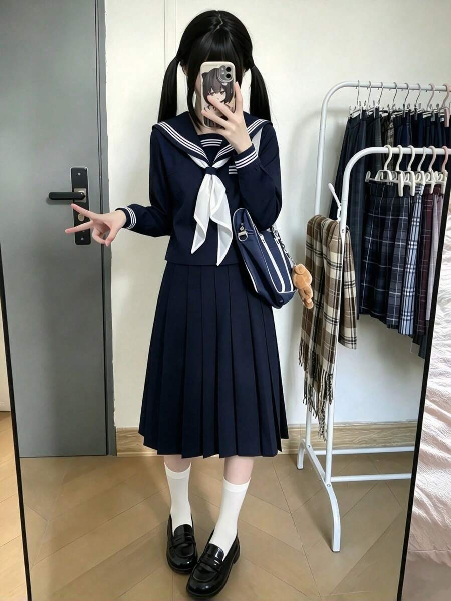 1 bộ trang phục hóa trang đồng phục JK phong cách học đường Nhật Bản dễ thương ngọt ngào, màu xanh navy, cổ thủy thủ, phù hợp cho biểu diễn tiệc lễ hội, dùng cho mọi dịp lễ, quà tặng Valentine, mặc hàng ngày và ngày lễ - Xanh đậm - Xem 1