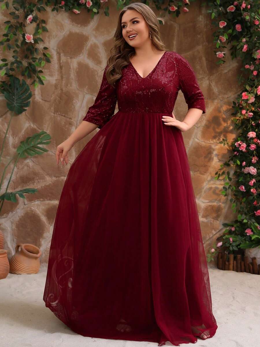 Plus Size Elegant Sequin & Mesh Patchwork Dress - Burgundy - View 1