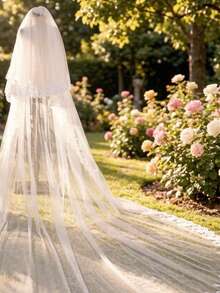 2-Layer Cathedral Length Wedding Veil With Lace Applique Trim And Comb, Bridal Veil - Off White - View 1