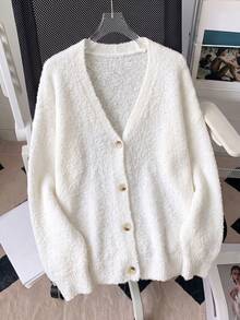 Women's White V-Neck Long Sleeve Button Elegant Knit Cardigan, Autumn/Winter Short Ribbed Knit Top - White - View 5