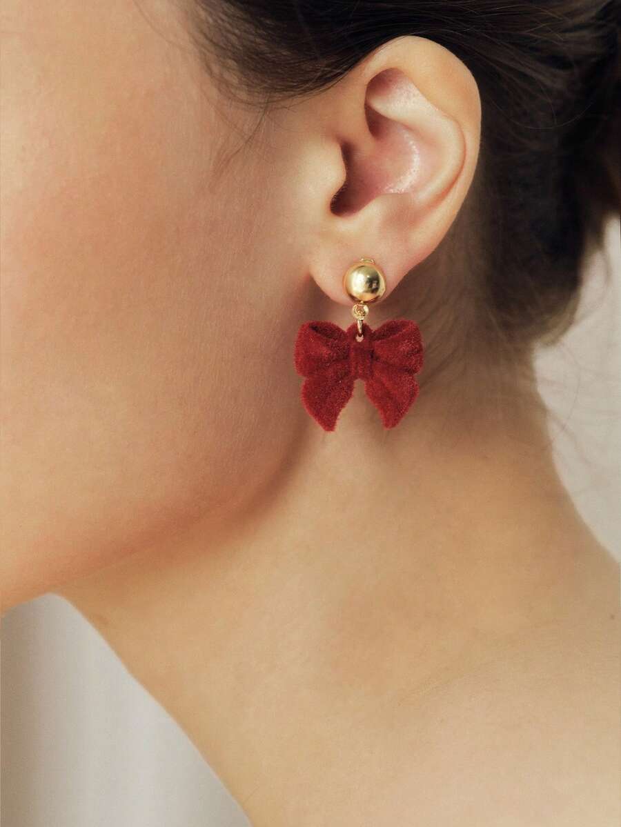 Sorayune 1 Pair Red Plush Bow Metal Cute Sweet Retro Fashion Elegant Earrings - Red - View 1