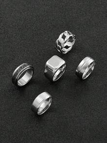 5pcs/Set Fashion Stainless Steel Gold-Plated Classic Ring Set, Dark Men's Jewelry, Versatile And Practical, Suitable For Daily Wear, Halloween Essential, Father's Day Gift, Husband Gift. - Silver - View 6