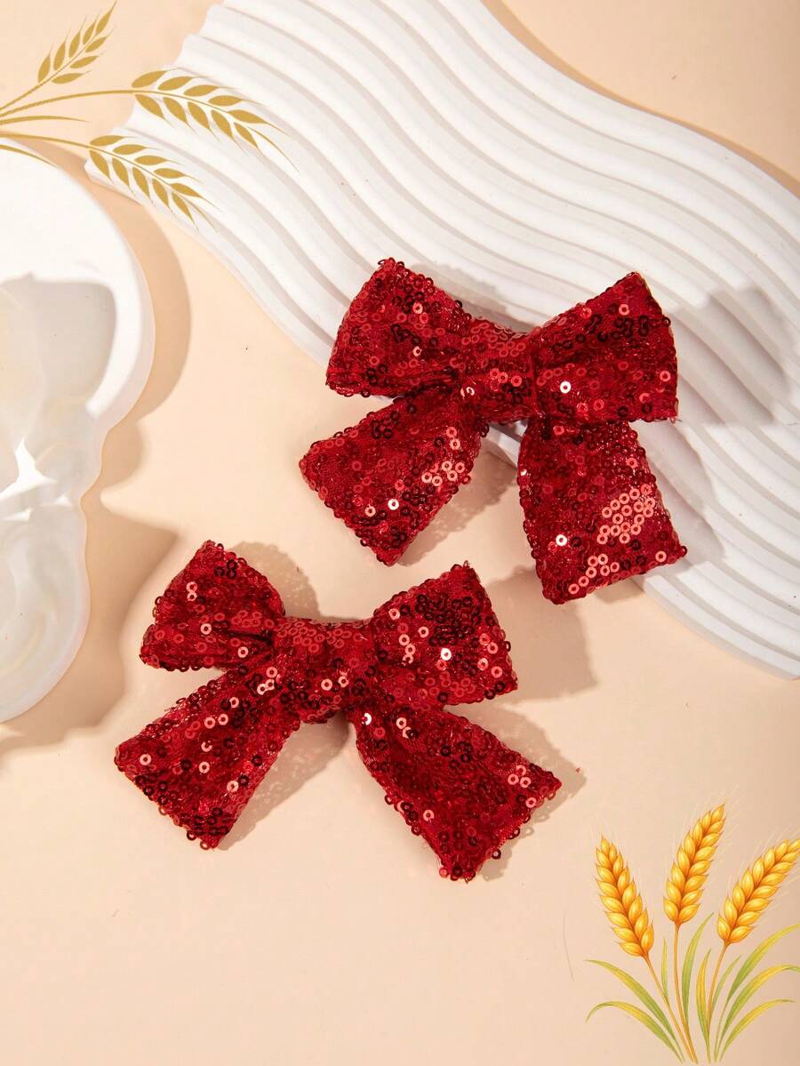 2pcs Double Layer Sequin Bow Hair Clips, Shiny Sequin Bow Hair Clips, Birthday Party Stage Performance Little Girl Hair Accessories - Multicolor - View 1