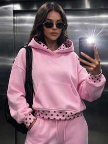 Women's Casual Fleece Lined Polka Dot Print Rib-Knit Pockets Oversized Long Sleeve Hoodies For Daily Wear,Winter Fall Clothes,Fall Winter Outfit - Pink - View 3