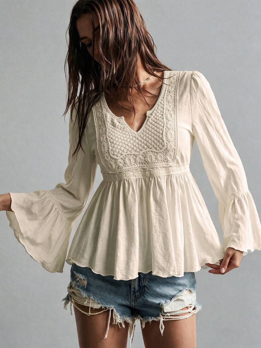 Rusttydustty Apricot Pure Cotton Casual Vacation Bell Sleeve Top, Suitable For Bohemian Style, Daily Wear, Autumn, Halloween - Apricot - View 1