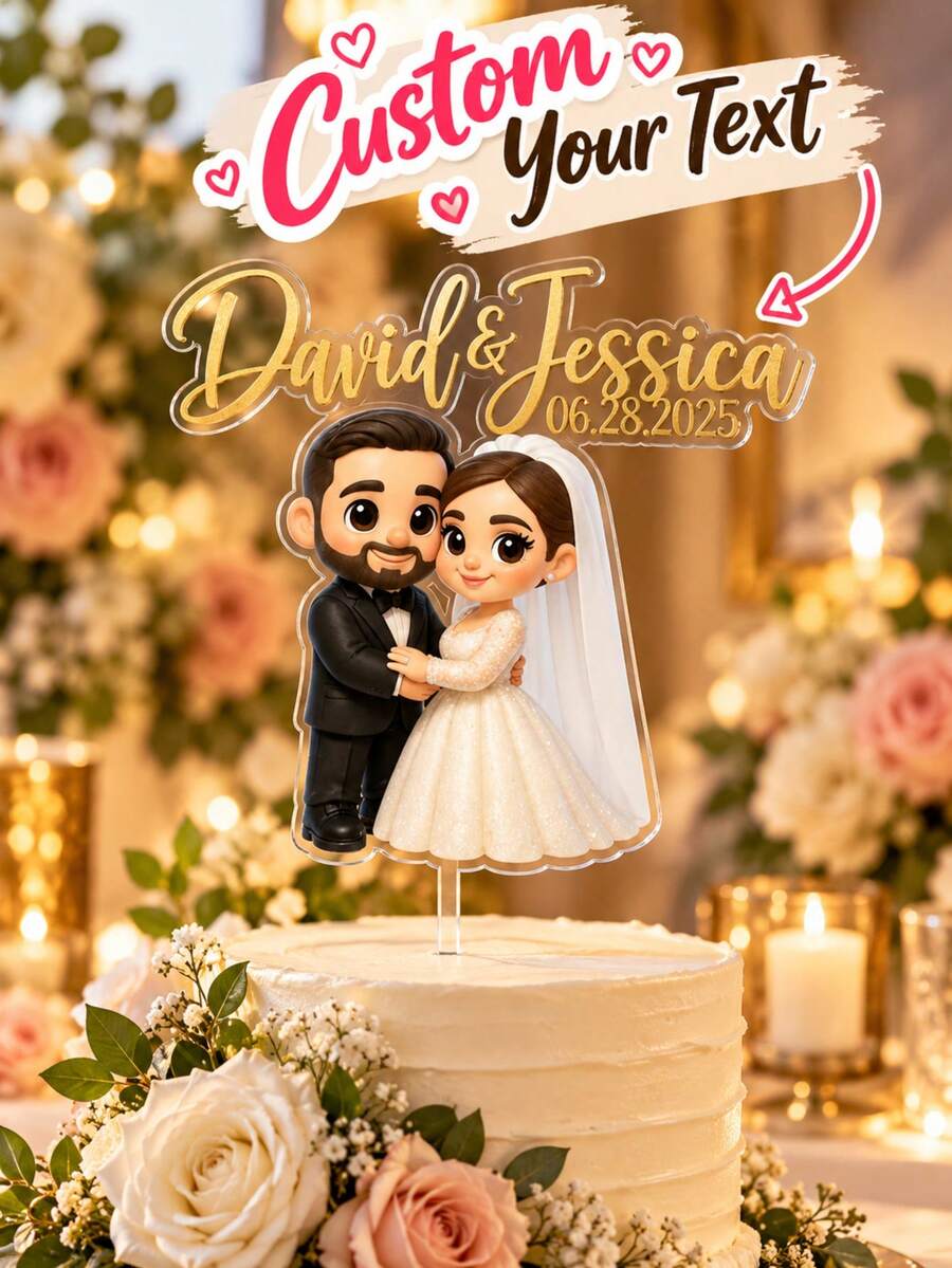 Personalized Cartoon Portrait Wedding Cake Topper, Custom Name And Date Cake Decoration, Custom Photo To Cartoon Character Cake Decoration, Anime Style Wedding Cake Decoration, Personalized Name Acrylic Cake Topper, Bride And Groom Wedding Cake Decoration - Cartoon Photo Cake Label - View 1