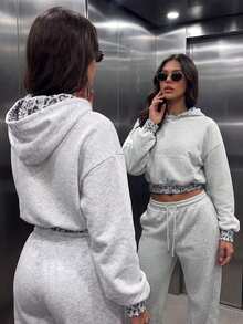 Women's Casual Leopard Print Pockets Short Length Oversized Long Sleeve Hoodies For Daily,Winter Fall Clothes,Fall Winter Outfit,Going Out Tops - Light Gray - View 1
