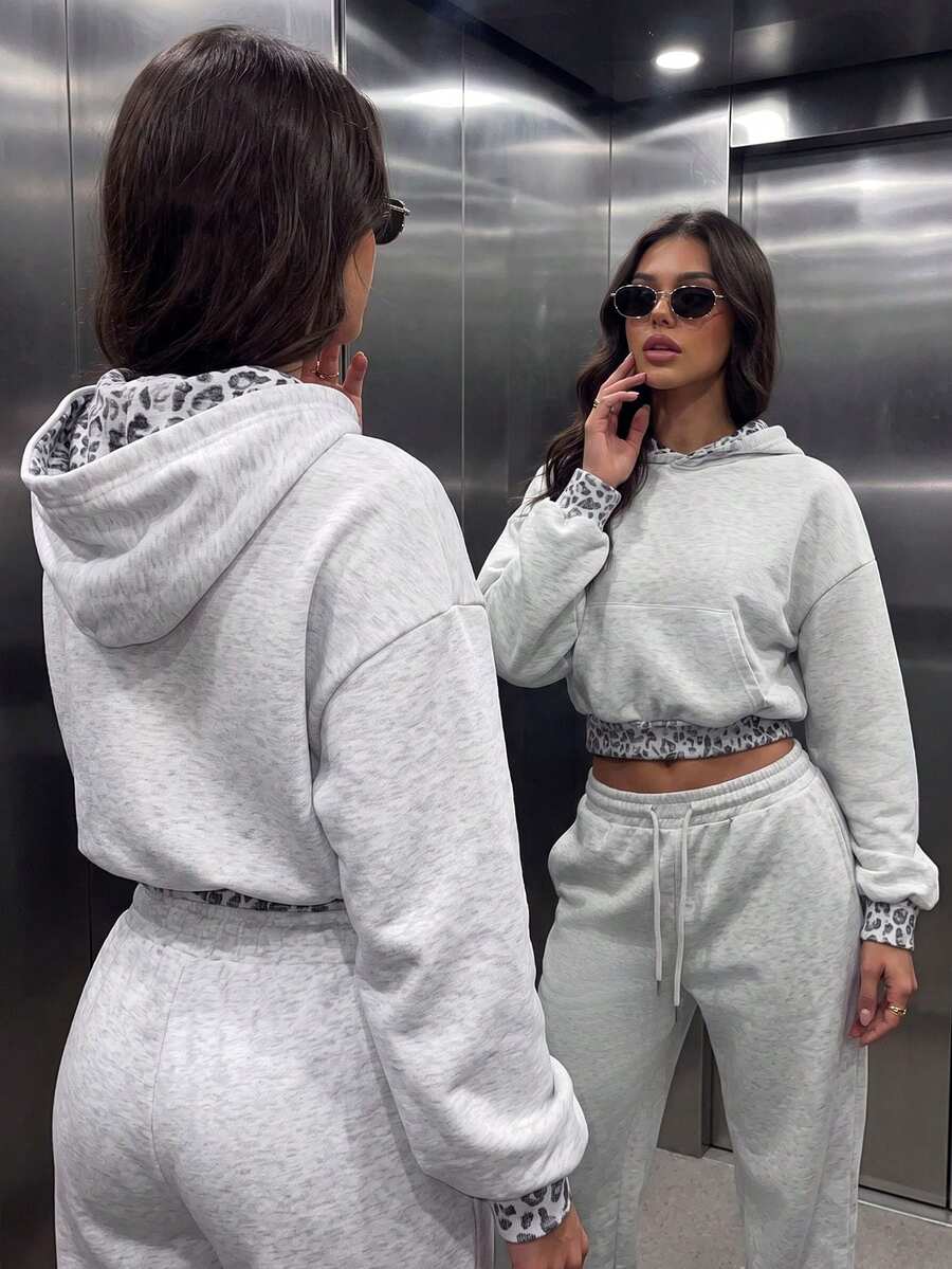 Women's Casual Leopard Print Pockets Short Length Oversized Long Sleeve Hoodies For Daily,Winter Fall Clothes,Fall Winter Outfit,Going Out Tops - Light Gray - View 1