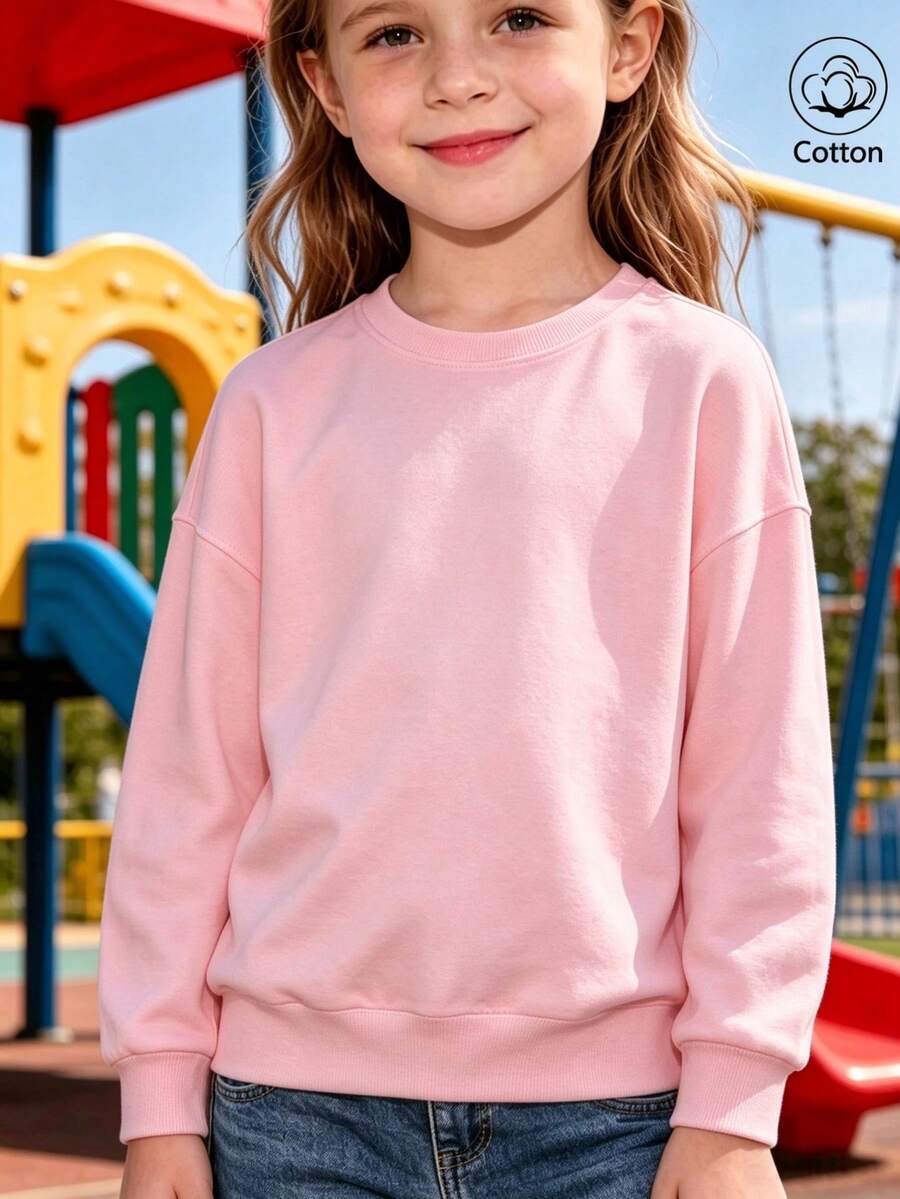 Cotton Girls' Crew Neck Sweatshirt, Loose Fit For Autumn And Winter, Cute Sweet Girl's Preppy Style - Pink - View 1