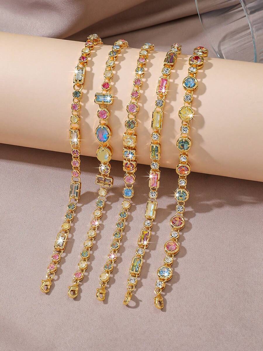 1pc Gorgeous Sparkling Round Square Geometric Colorful Cubic Zirconia Tennis Bracelet, Handmade Original Design Exquisite Bracelet, Suitable For Engagement Party, Daily Wear, Holiday Gift For Friends - Colorful Glitter Bracelet - View 1
