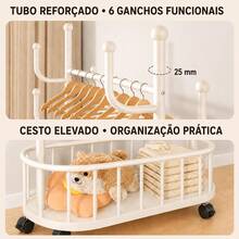 Arara de Roupas com Cesto e Ganchos, Plástico PP Branco, 175cm, Estrutura com Rodinhas, Organizador de Acessórios para Quarto e Closet – 60x30x175cm - AraraOrganizadora-Branca-Ganchos - Visão 6
