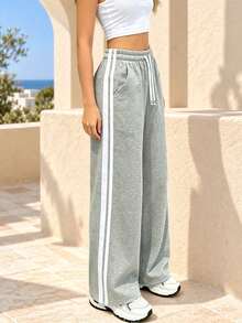 Women's Grey Sports Pants, Wide Leg Pants, Loose Pants, Lightweight Autumn Pants, Double Side Stripes, Drawstring Waist, Side Pockets - Light Grey - View 5