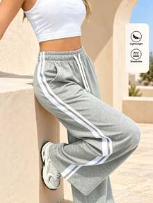 Women's Grey Sports Pants, Wide Leg Pants, Loose Pants, Lightweight Autumn Pants, Double Side Stripes, Drawstring Waist, Side Pockets - Light Grey - View 2