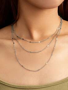 Nooxian 1pc Women's Minimalist Multi-Layer Chain Necklace (Random Flattened Quantity And Spacing) - Silver - View 3