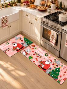 1/2pcs Christmas Kitchen Decor Rug, Santa Claus Pattern Winter Kitchen Rug And Mat, Non-Slip Washable Absorbent Kitchen Accessory Decor Mat, Christmas Holiday Gift! - Multicolor - View 4