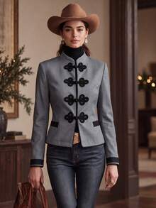 2026 Women's Autumn/Winter Casual Versatile Frog Button Long Sleeve Jacket, Elegant Versatile, Stand Collar, Contrast Color Jacket, Suitable For Daily, Commute, Outing, Shopping, Dating, Back To School Season And More - Grey - View 2