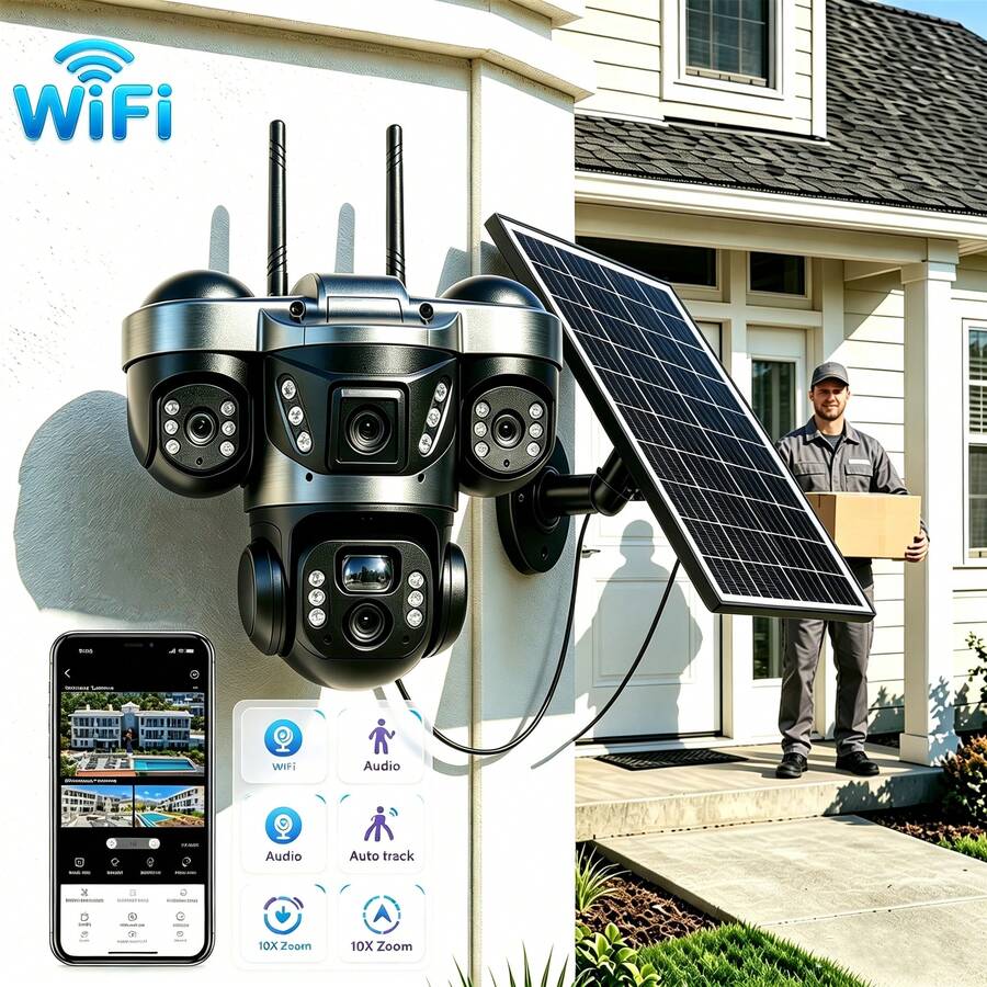 WiFi Solar PTZ Security Camera Outdoor, Three Lens 3 Screens, AI Auto Human Tracking, IP65 Waterproof, Rechargeable Battery, Color Night Vision, Two-Way Audio, Wireless WiFi Connection For Garden Farm Construction Rural Home Surveillance - Black - View 1