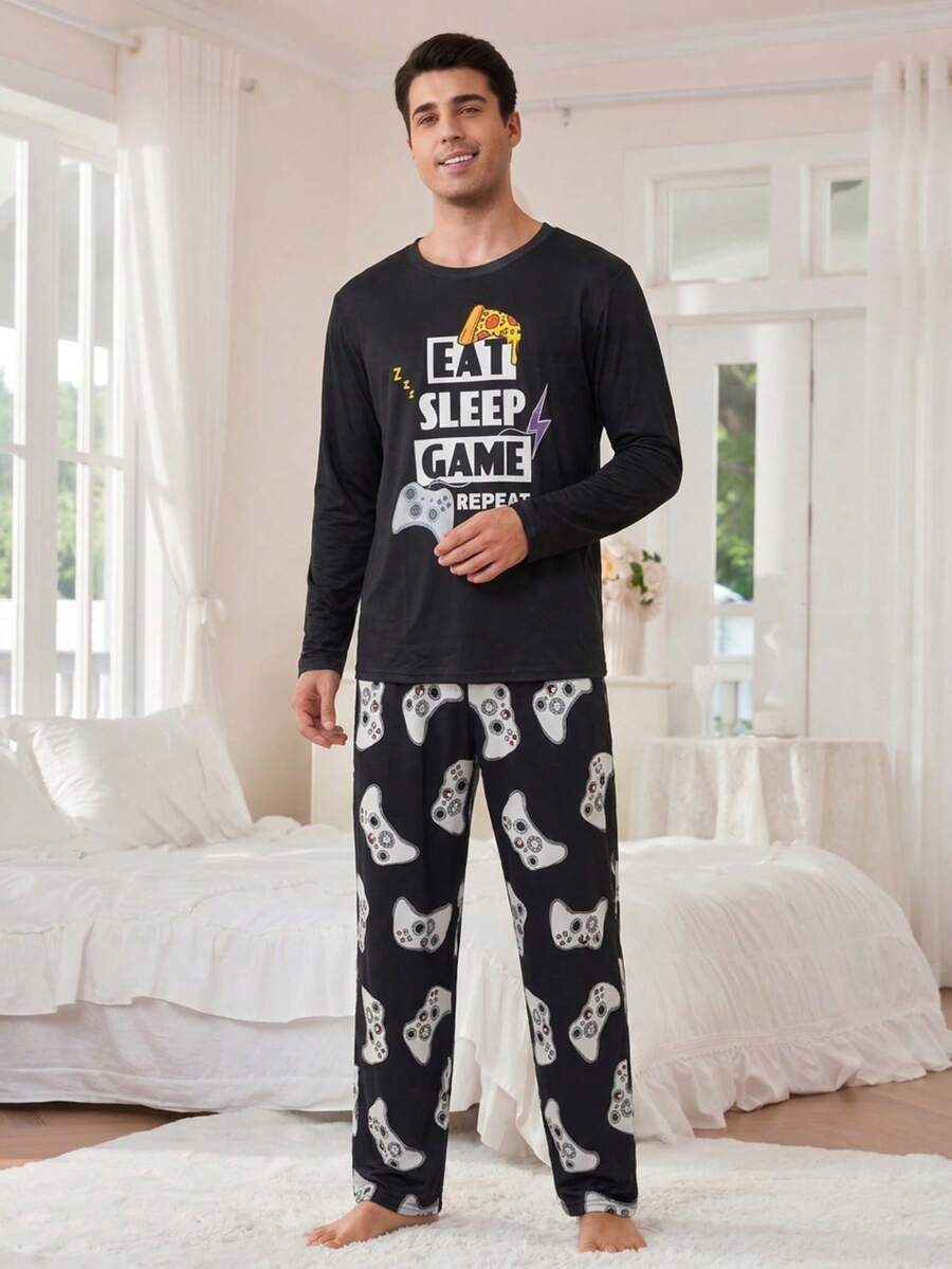 Game Theme Pajama 2 Pieces Set – Black Long Sleeve T-Shirt Paired With Game Controller Print Long Pants, Fun Design, Suitable For Home Leisure, Gaming Time Or Bedtime Wear, Bringing You The Ultimate Relaxation Experience - Black - View 1
