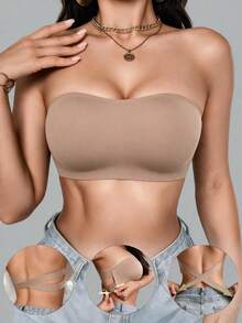 Cross-Strap Bandeau Bra, Seamless Non-Slip Bandeau With Removable Pads, Wire-Free Layering Bra - Khaki - View 5