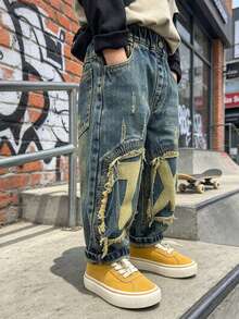 Boys' Kids' Toddler Spring Autumn All-Season Fashion Loose Fit Distressed Patchwork Letter Print Scratch Detail Street Style Denim Jeans Long Pants For Casual Daily Outdoor Wear - Blue - View 7