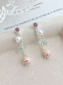 1 Pair Japanese Style Fresh Floral Earrings Enamel Rose Tassel Stud Earrings Elegant Sweet Fairy Style Jewelry - Silver - View 2