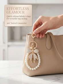 Bow-Knot Keychain Featuring A Faux-Pearl Chain And A Sparkling Bow Charm; Suitable For Handbags, Wallets, And Backpacks-A Stylish Accessory For Women. - Gold - View 3