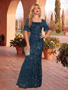CEILIM Square Neck Chiffon Ruffle Short Sleeve Sequin Embroidered Mermaid Evening Gown, Front Square Neck Back Square Neck Open Back Slim Fit Bodycon Long Banquet Dress - Teal Blue - View 3