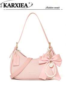 Classic Solid Color PU Fabric Crescent Bag, Y2K Underarm Bag, Two Interchangeable Shoulder Straps, Crossbody Bag For Shopping And Street, Small Purse - Pink - View 1