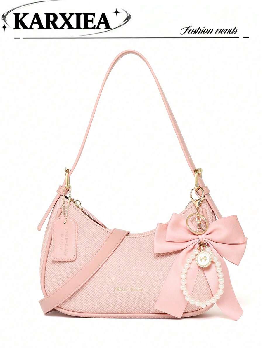 Classic Solid Color PU Fabric Crescent Bag, Y2K Underarm Bag, Two Interchangeable Shoulder Straps, Crossbody Bag For Shopping And Street, Small Purse - Pink - View 1
