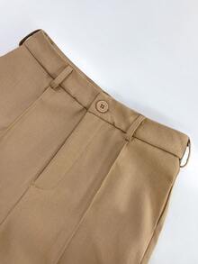 Women's Autumn Dark Brown Mock Neck Slim Fit Base Layer + Khaki High Waist Trousers 2-Piece Set, Elegant & Professional Daily Commute Outfit - Khaki - View 6