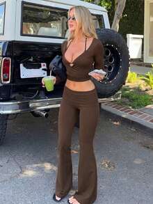 Sexy Hot Girl Solid Color Deep V-Neck Bodycon Long Sleeve Top And Tight Butt-Flattering Long Pants Set - Brown - View 4