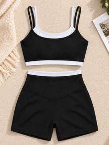 Women's Minimalist Colorblock Camisole Top And Fitted Shorts 2 Pieces Set - Black - View 4