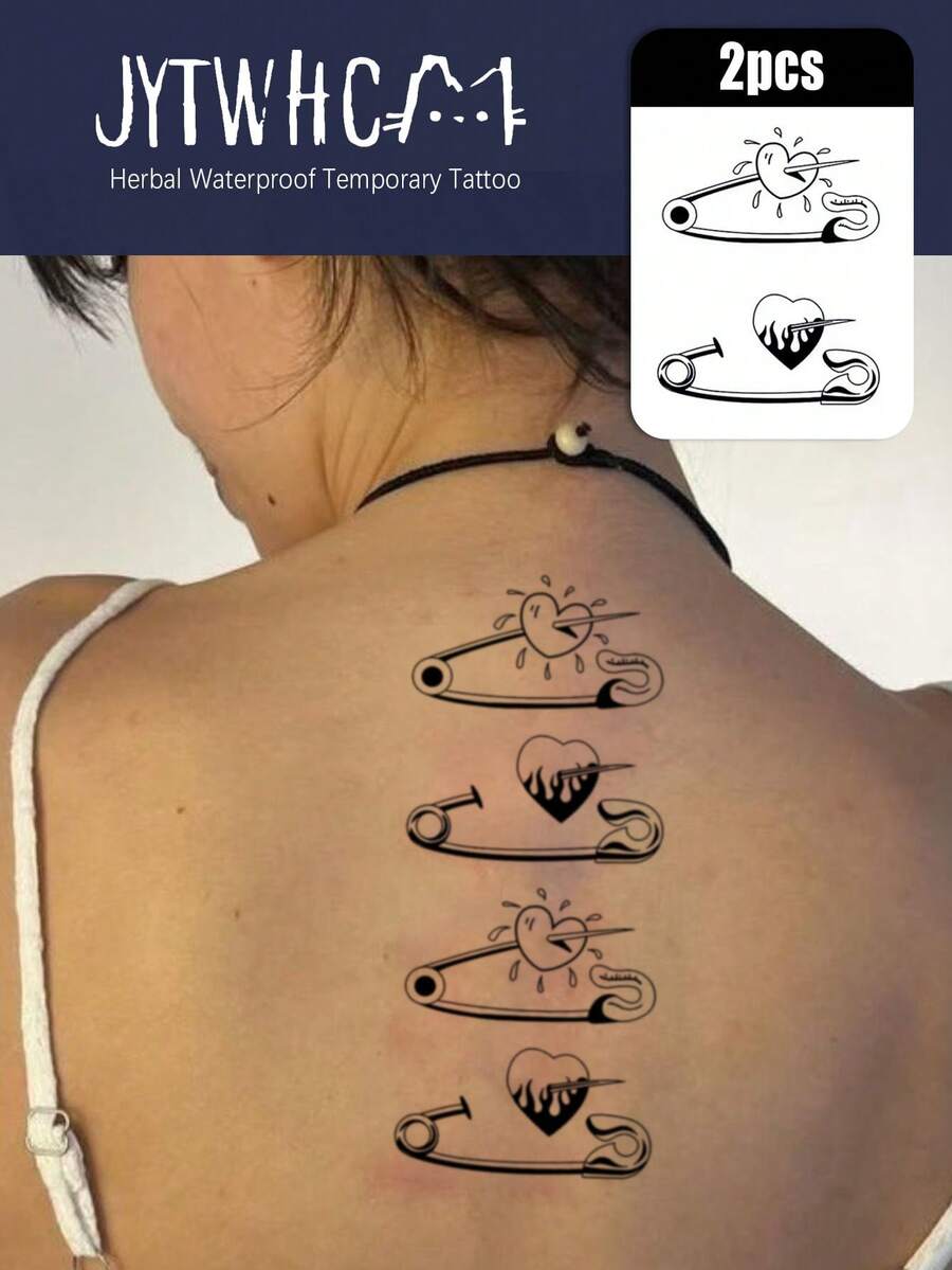 2Pcs Herbal Waterproof Temporary Transfer Tattoo, Dark Gothic Style, Safety Pin & Bleeding Heart Pattern, Delicate Line Details, Long Lasting Fake Tattoo Stickers, Body Art Decals For Women, Suitable For Back, Arm, Wrist, Halloween & Party Decoration - Dark Grey - View 1