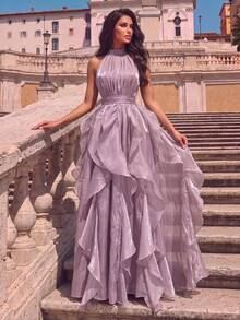 Gaun Maxi Wanita Mewah dari Organza dengan Leher Halter, Hem Berumbai, dan Tali Pengikat di Belakang, Cocok untuk Acara Formal dan Pesta Dansa - Dusty Pink - View 5