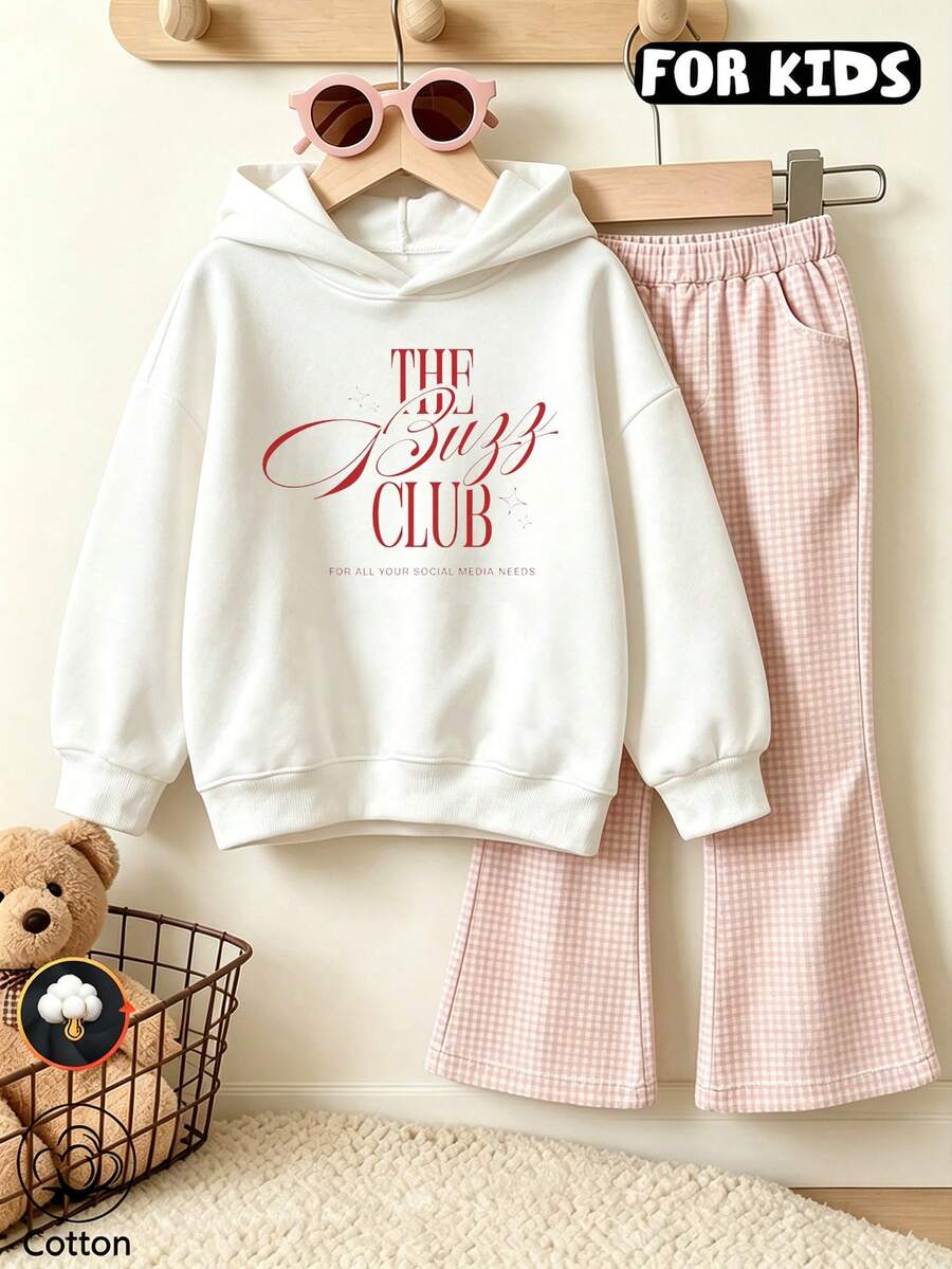 Girls The Buzz Club Red Letter Print Hoodie, Casual Long Sleeve Hooded Pullover - White - View 1