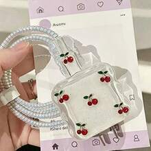 5pcs Red Cherry Resin Charger Head & Data Cable Protector Set, Compatible With Apple 18W/20W Charger Head, Suitable For Type-C Data Cable Protector - Multicolor - View 2