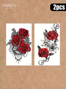 4pcs/2pcsWaterproof Temporary Tattoo Stickers, Gothic Style, Red Rose & Black Lace Pattern, Large Size Fake Body Art Tattoo, For Thigh Arm, Women Party Festival Body Decor - Multicolor - View 10