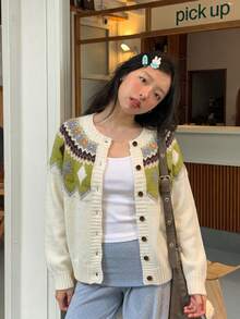 Cardigan Sweater Wanita Motif Fair Isle Klasik, Pakaian Rajut Musim Dingin Klasik untuk Tampilan Modis dan Nyaman - MultiWarna - View 3