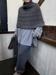 Autumn/Winter Vintage Cable Knit High Neck Cape, Atmospheric Versatile Warm Vest - Dark Grey - View 2