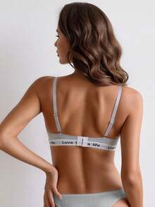 Women's Letter Print Underwire Deep V Push-Up Bra, Adjustable Spaghetti Strap Minimalist Everyday Style - Grey - View 9