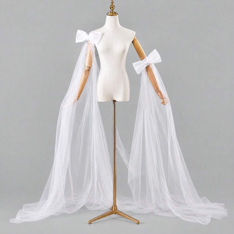 1 Pair White Bow Mesh Bridal Sleeve Covers, 2pcs Elastic Bridal Shoulder Decor - Multicolor - View 1
