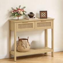 1 Pieza Mesa Consola de Ratán, Mesa Consola de Madera Natural con 2 Cajones y 2 Niveles, Diseño Largo y Estrecho, Estante Abierto, Estilo Bohemio Farmhouse, para Sala de Estar, Entrada, Recámara y Bar de Café - Natural - Ver 1