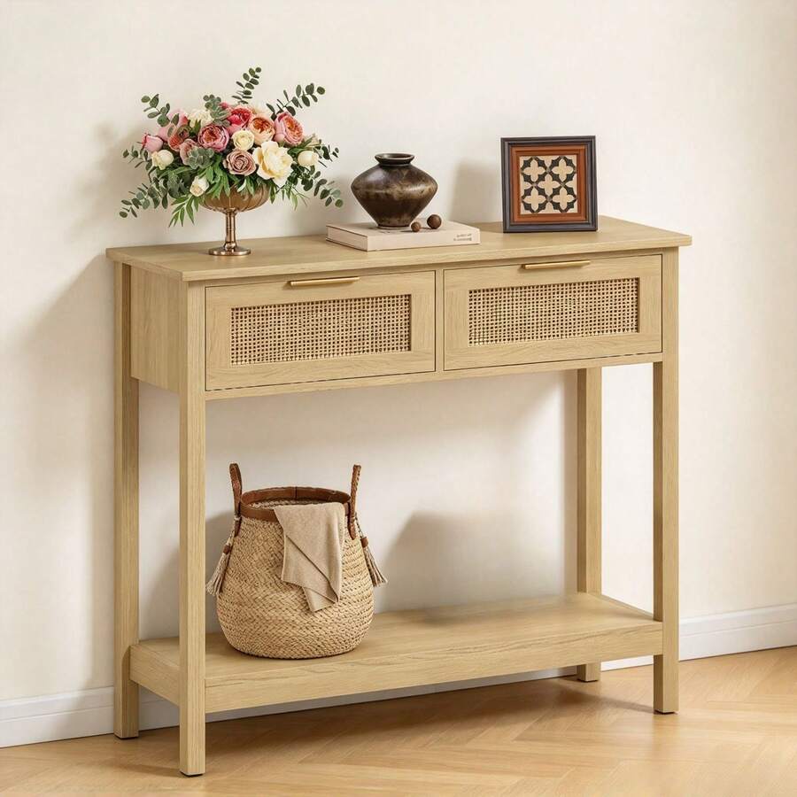 1 Pieza Mesa Consola de Ratán, Mesa Consola de Madera Natural con 2 Cajones y 2 Niveles, Diseño Largo y Estrecho, Estante Abierto, Estilo Bohemio Farmhouse, para Sala de Estar, Entrada, Recámara y Bar de Café - Natural - Ver 1