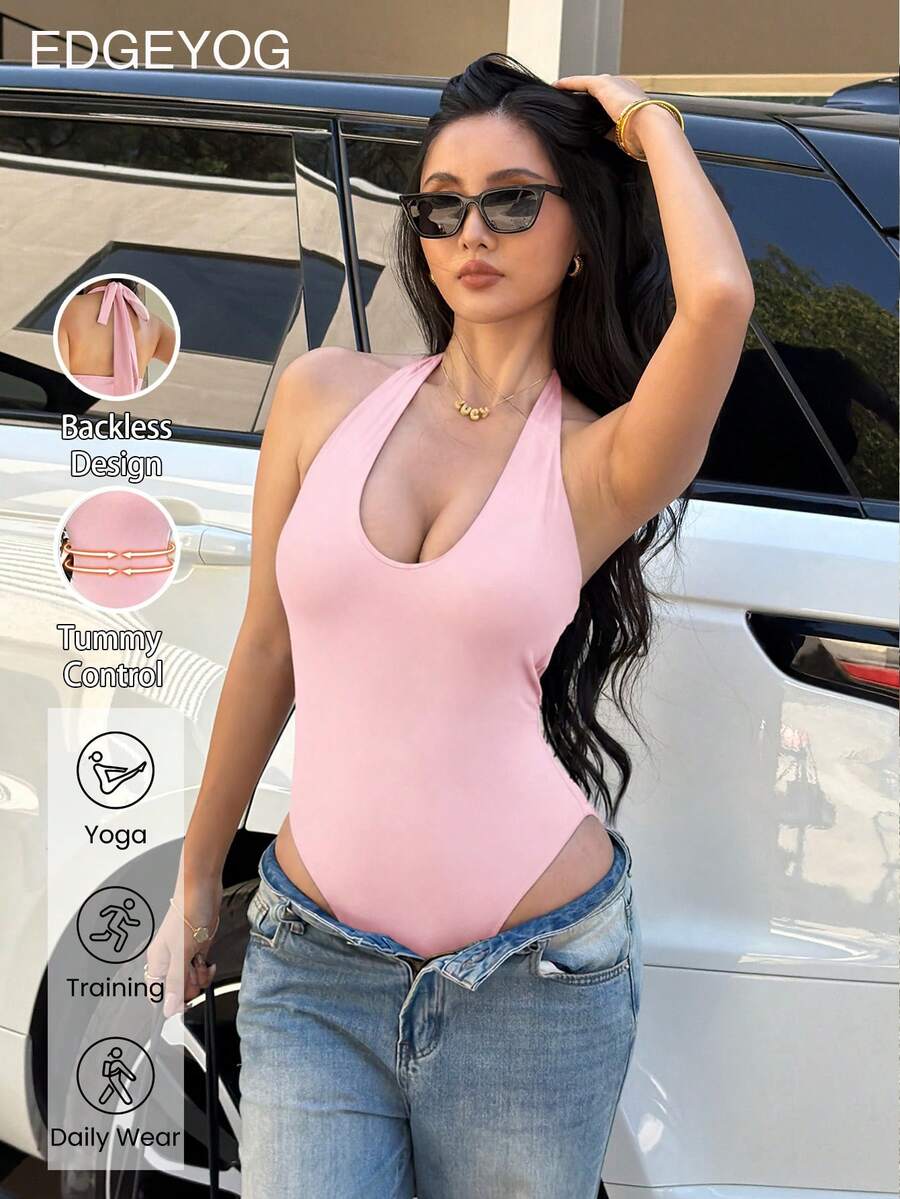 EDGEYOG Women's Spring/Summer Y2K Sexy Solid Color Fitted Bodysuit Camisole, Low Cut Backless Spaghetti Strap, Suitable For Gym, Yoga, Party, Fitness, Running, Back To School - Pink - View 1