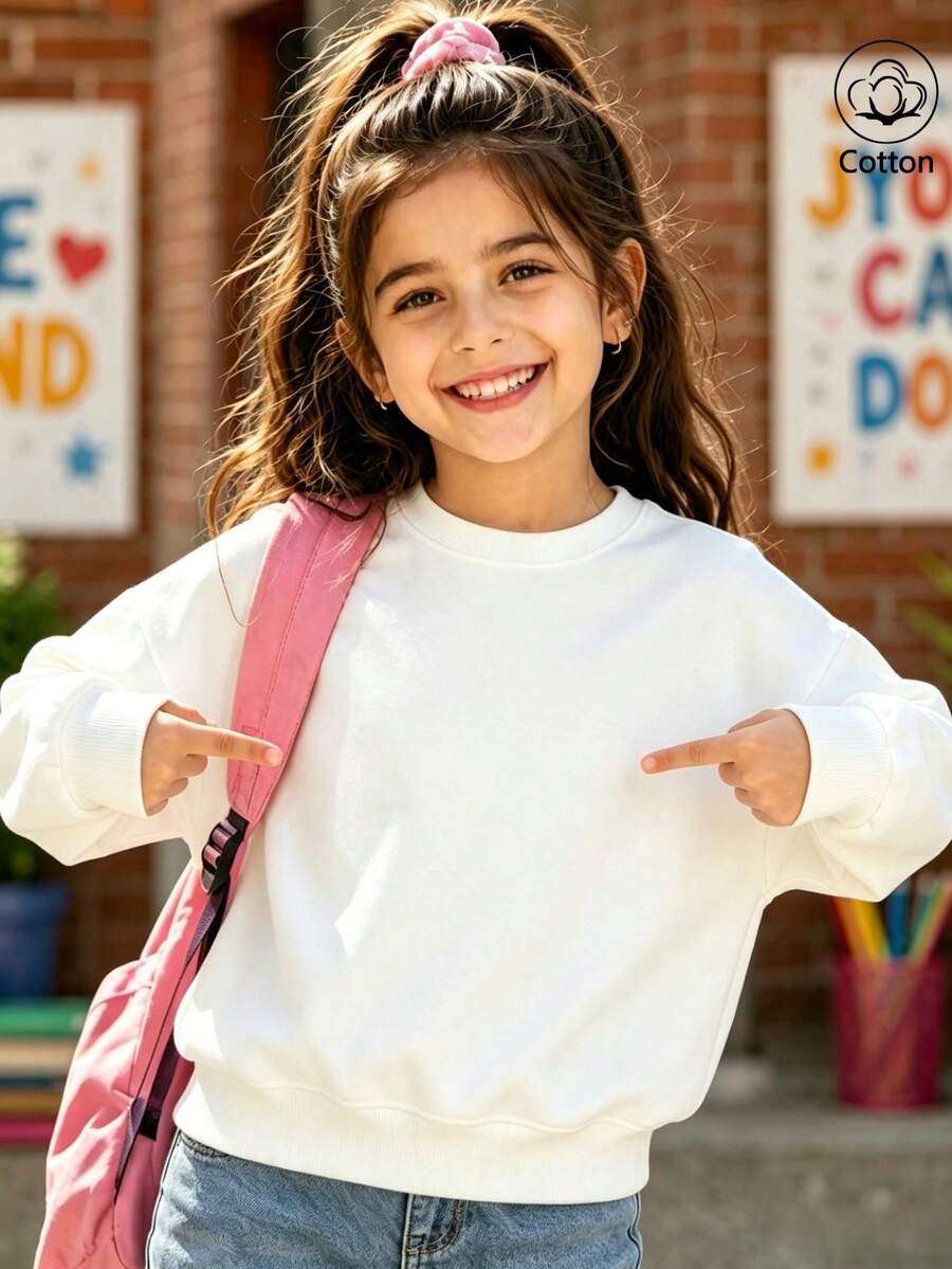 Cotton Girls' Crew Neck Sweatshirt, Loose Fit For Autumn And Winter, Cute Sweet Girl's Preppy Style - White - View 1
