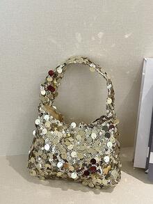 1pc Quilted Zipper Closure PVC Sequin Crescent Bag, Fashion Design Handheld Sequin Mini Bag, Women's Evening Clutch, New Versatile Large Sequin Shiny Phone Bag, Party Bag With Atmospheric Vibe, Half Moon Handbag, Perfect For Women Attending Banquets, Parties And Evening Events - Gold - View 8