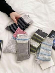 1/5/10 Pairs Pack Socks, Thickened Warm Mid-Calf Socks, Dotted Yarn Thick Thread Color Block Women's Socks, Ins Autumn & Winter Color Contrast Warm Socks - Multicolor - View 1
